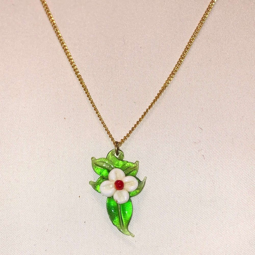 Vintage handmade glass floral pendant necklace with gold-tone chain